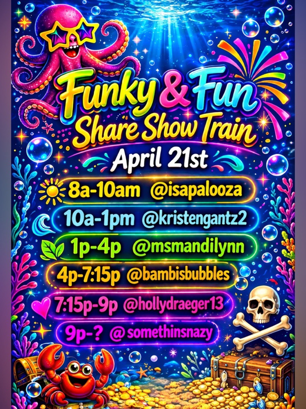 Funky and Fun Tuesday Share Train -8a- 12pm EST
Stop #2 @ 10a-1p EST March 31st!